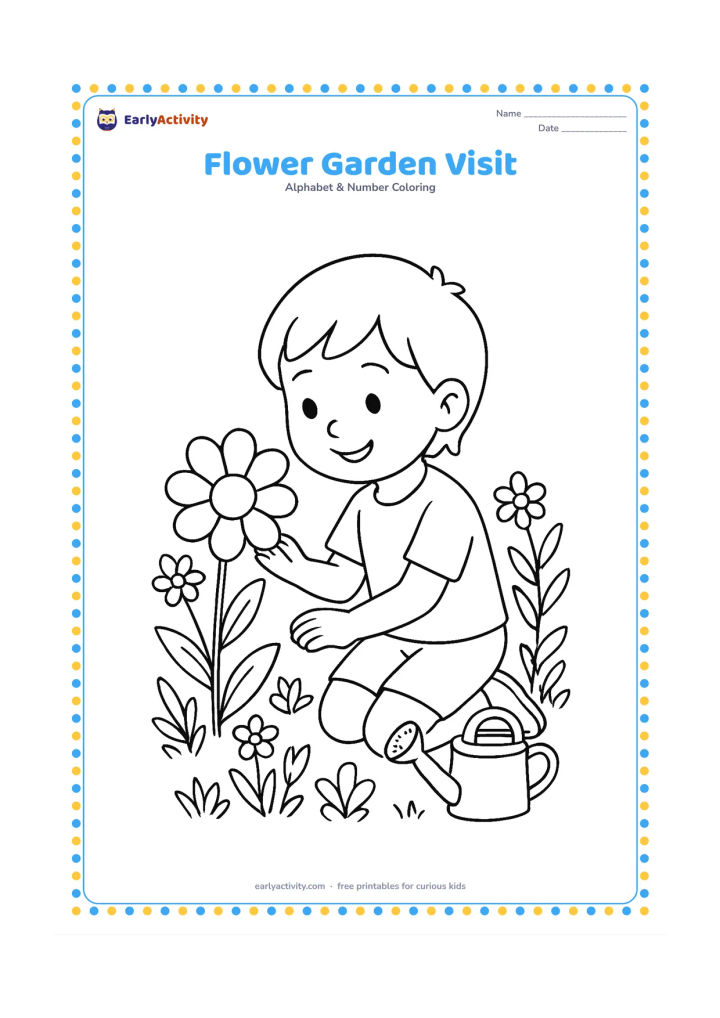 Colouring page: Draw a child kneeling in a garden while gently looking at a large flower, with several different flowers, leafy stems and a small watering can nearby. Keep the child's expression happy…
