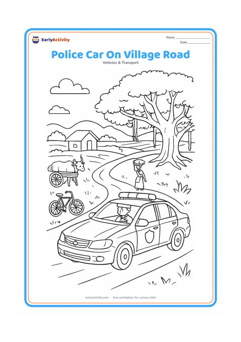 Colouring page: Draw a police car travelling along an Indian village road, with detailed windows, mirrors, roof lights and a plain shield-shaped badge. Include a bicycle, a bullock cart, a small house,…