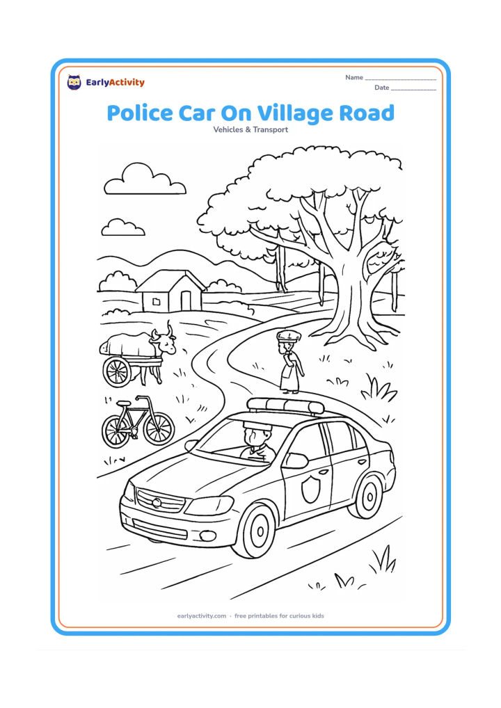 Colouring page: Draw a police car travelling along an Indian village road, with detailed windows, mirrors, roof lights and a plain shield-shaped badge. Include a bicycle, a bullock cart, a small house,…
