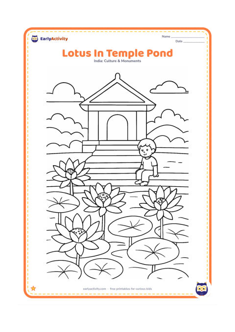 Colouring page: Draw several lotus flowers in a temple pond with broad leaves, stone steps and a simple temple entrance in the distance. A child may be shown sitting safely on the steps looking at the…