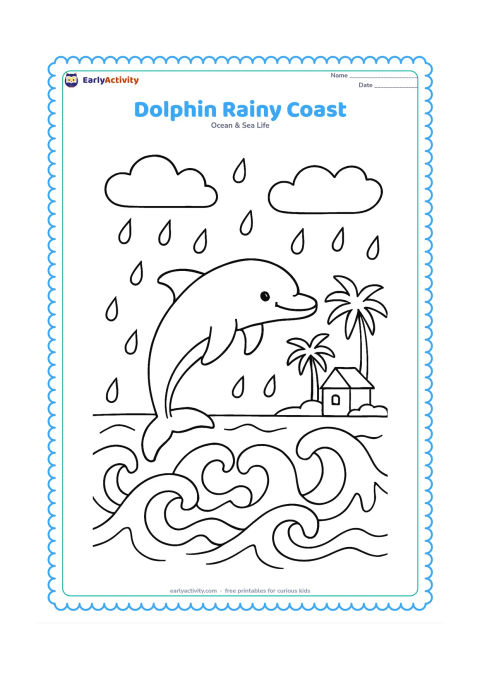 Colouring page: Draw a dolphin jumping through lively waves beside a coastal village shoreline during a gentle rain, with outlined clouds, raindrops, palm trees, and a small roofed house in the…
