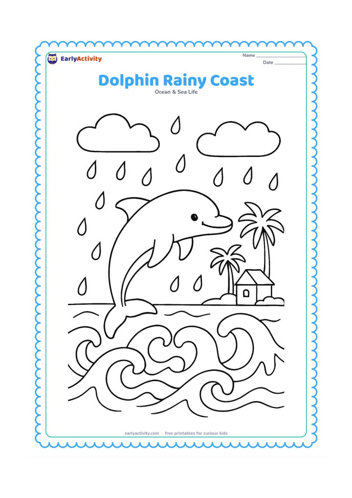 Colouring page: Draw a dolphin jumping through lively waves beside a coastal village shoreline during a gentle rain, with outlined clouds, raindrops, palm trees, and a small roofed house in the…