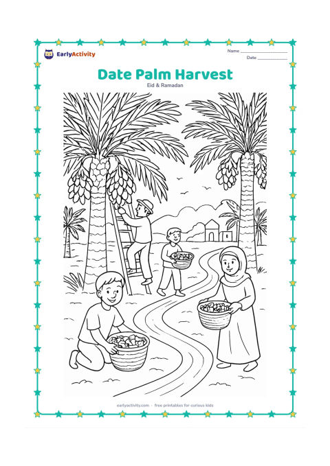 Colouring page: Draw workers and children gathering dates in a palm grove, with baskets, ladders, broad palm leaves, irrigation channels, and a small mosque in the distance. Set the scene in warm…