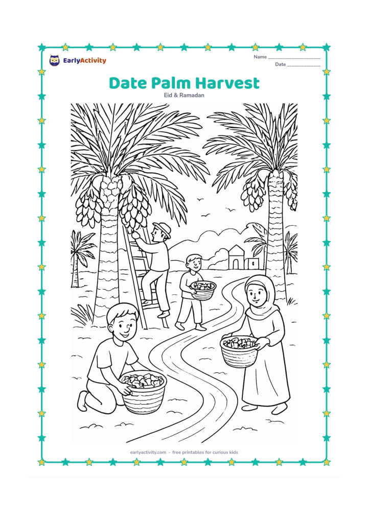 Colouring page: Draw workers and children gathering dates in a palm grove, with baskets, ladders, broad palm leaves, irrigation channels, and a small mosque in the distance. Set the scene in warm…