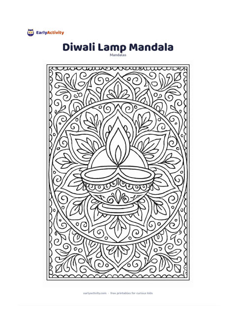 Colouring page: Draw a single traditional oil lamp at the centre of a circular mandala with a calm flame, surrounded by repeating petals, small lamps, curved vines, and symmetrical decorative borders.…