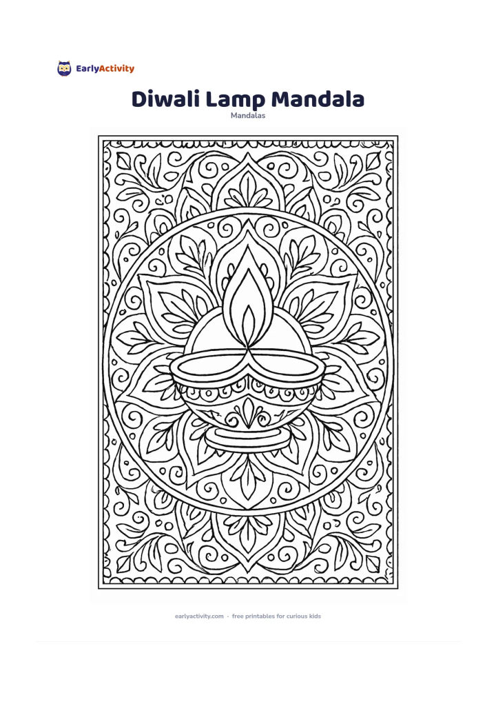Colouring page: Draw a single traditional oil lamp at the centre of a circular mandala with a calm flame, surrounded by repeating petals, small lamps, curved vines, and symmetrical decorative borders.…