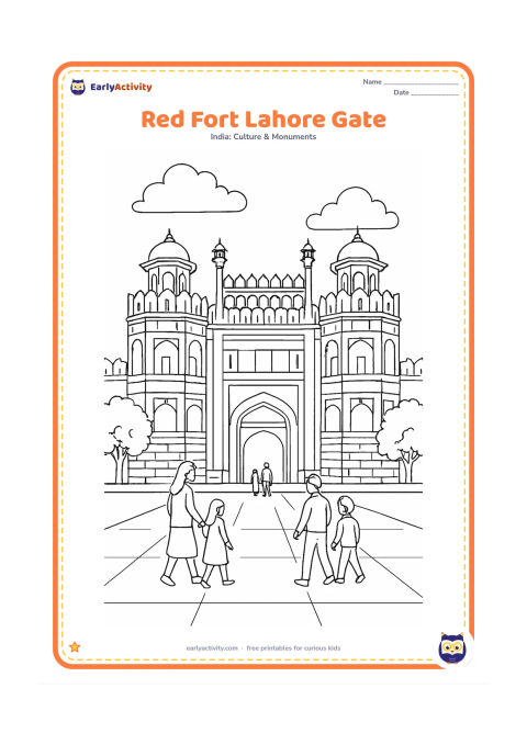 Colouring page: Show the Red Fort Lahore Gate in a frontal architectural composition, with its tall arched entrance, flanking octagonal towers, battlements, balconies and layered masonry. Add a few…