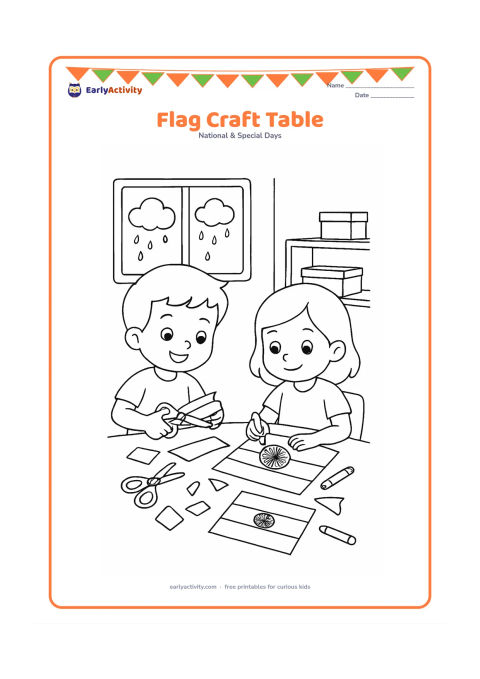 Colouring page: Draw two children making paper Indian flags at a classroom table, with safety scissors, crayons, paper scraps and a completed flag on the table. Add a window showing rain clouds and a…