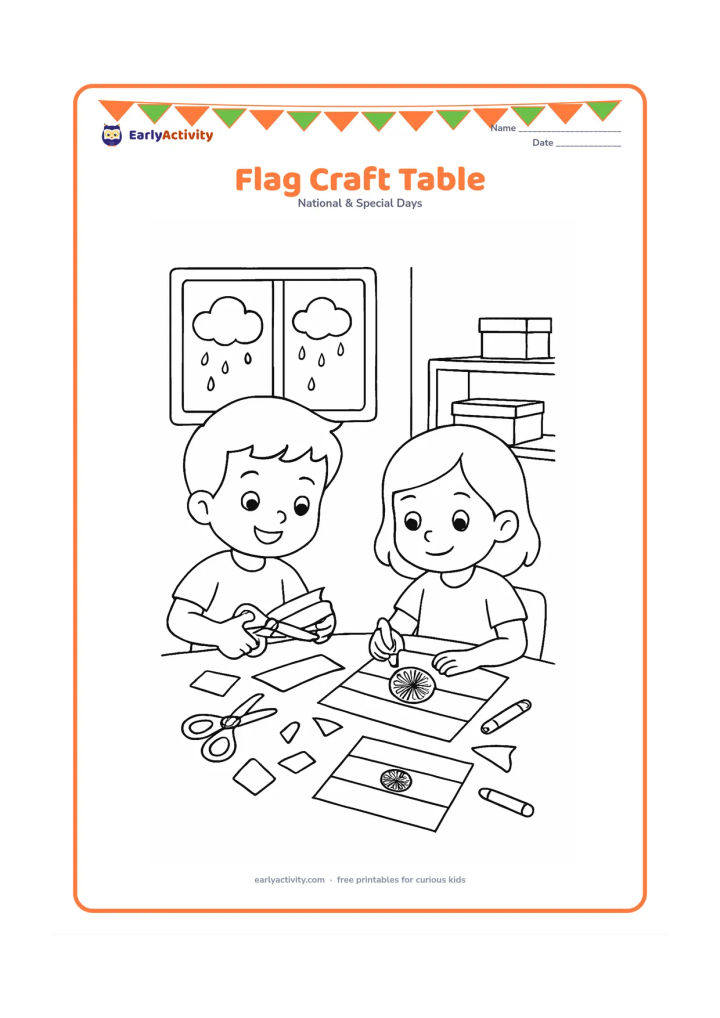 Colouring page: Draw two children making paper Indian flags at a classroom table, with safety scissors, crayons, paper scraps and a completed flag on the table. Add a window showing rain clouds and a…