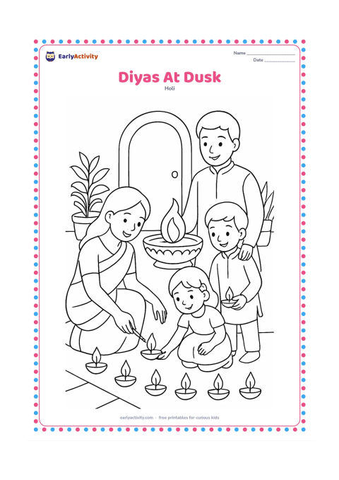 Colouring page: A family places several diyas along the edge of a courtyard at dusk, with a large contained decorative fire bowl farther behind them. Add potted plants and a doorway.