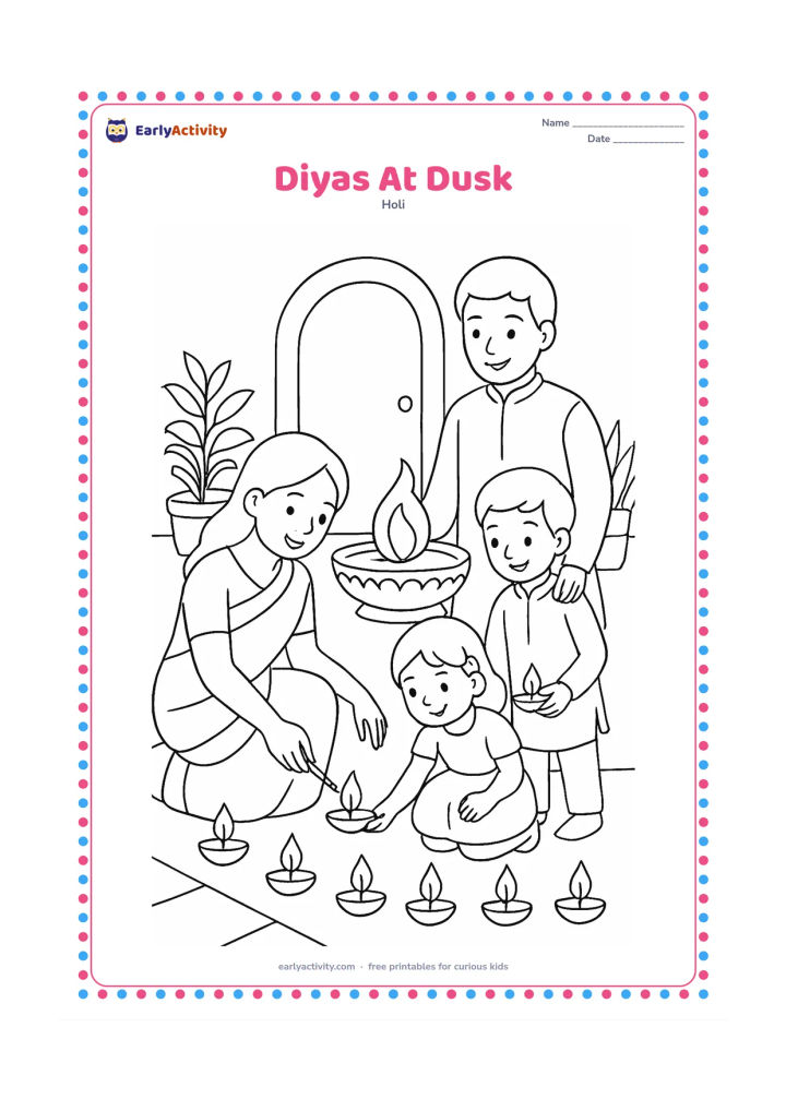 Colouring page: A family places several diyas along the edge of a courtyard at dusk, with a large contained decorative fire bowl farther behind them. Add potted plants and a doorway.