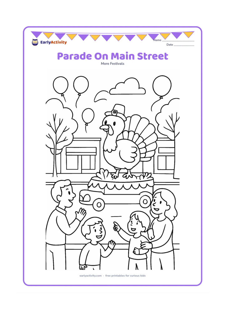 Colouring page: Families watch a cheerful Thanksgiving parade from a sidewalk as a decorated float shaped like a turkey moves along the street. Include balloons, autumn trees and simple shopfronts with…