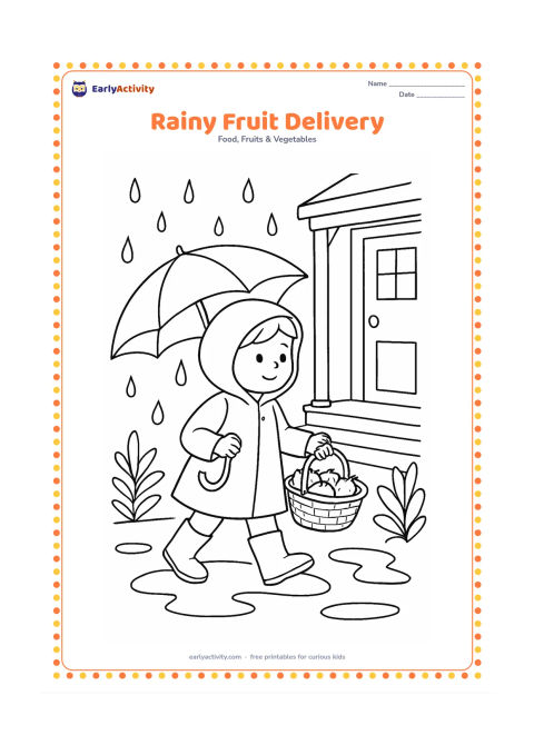 Colouring page: A child in a raincoat carrying a basket of fruit toward a home porch, with an umbrella, puddles, leafy plants, and raindrops around the scene.