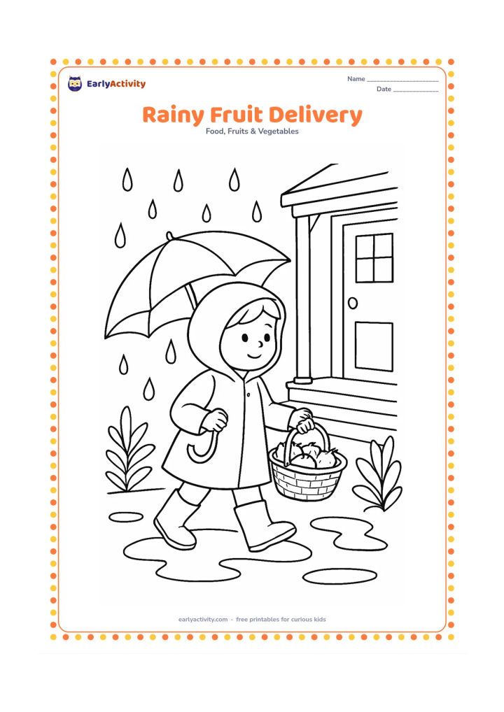 Colouring page: A child in a raincoat carrying a basket of fruit toward a home porch, with an umbrella, puddles, leafy plants, and raindrops around the scene.