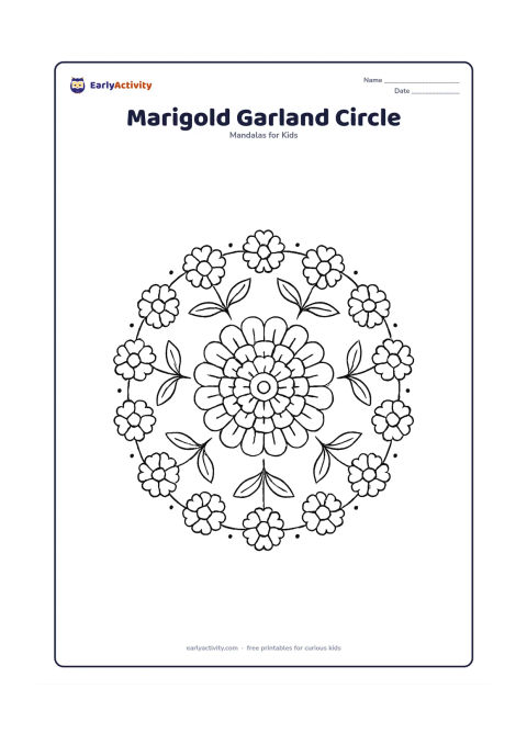 Colouring page: A medium circular mandala inspired by an Indian marigold garland, with a central marigold and repeating rounded petal clusters around the ring. Add small leaves and curved garland loops…