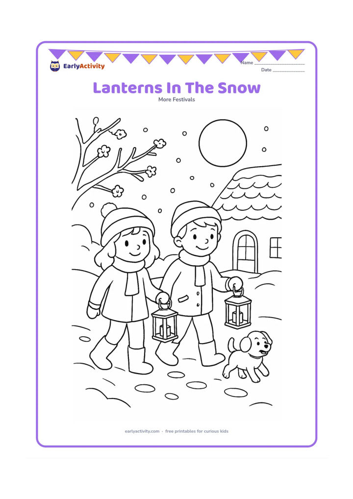Colouring page: Draw two children walking through a snowy evening courtyard while carrying lanterns, with bare flowering branches, snow-covered roof tiles, footprints and a round moon behind them. Add a…