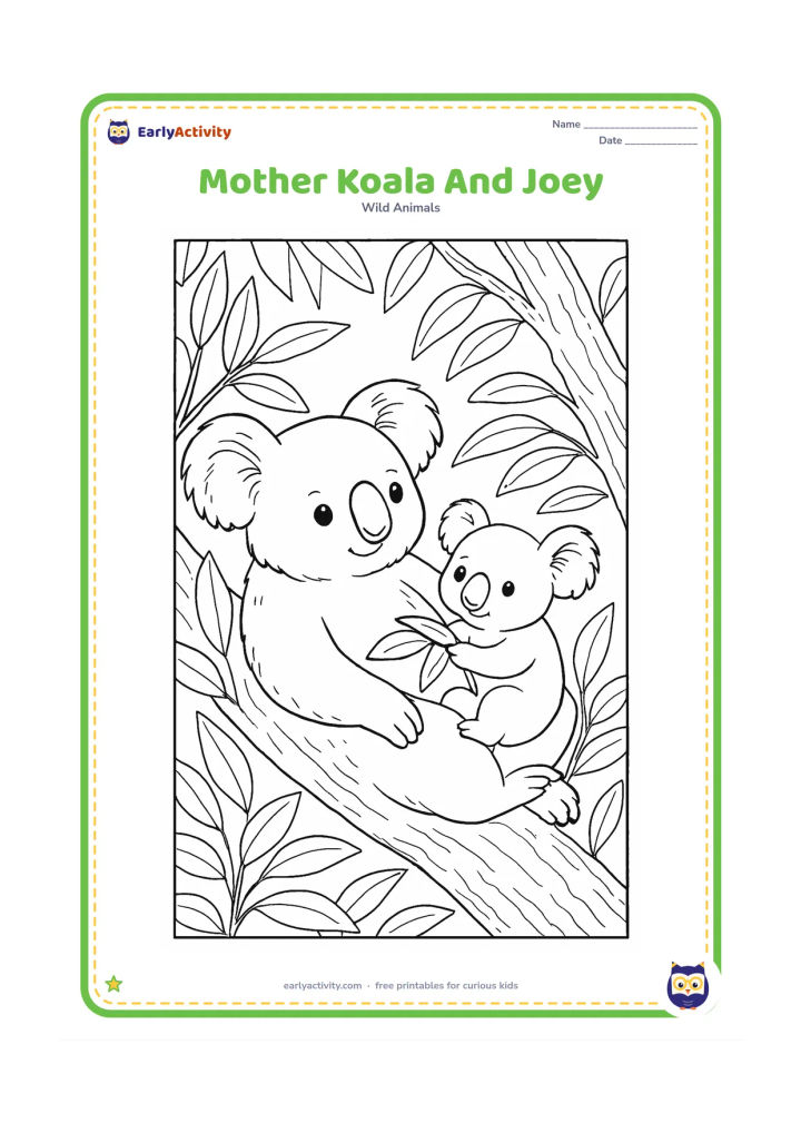 Colouring page: Draw a mother koala reclining on a broad branch with a joey emerging from her pouch and holding a leaf. Surround them with overlapping foliage, textured bark and a second branch in the…