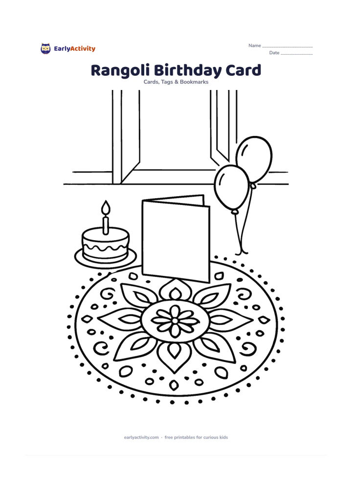 Worksheet: Show a blank birthday card surrounded by a large, simple rangoli made from petals, dots and symmetrical shapes on a floor. Add a small cake and two balloons beside the card in an Indian…
