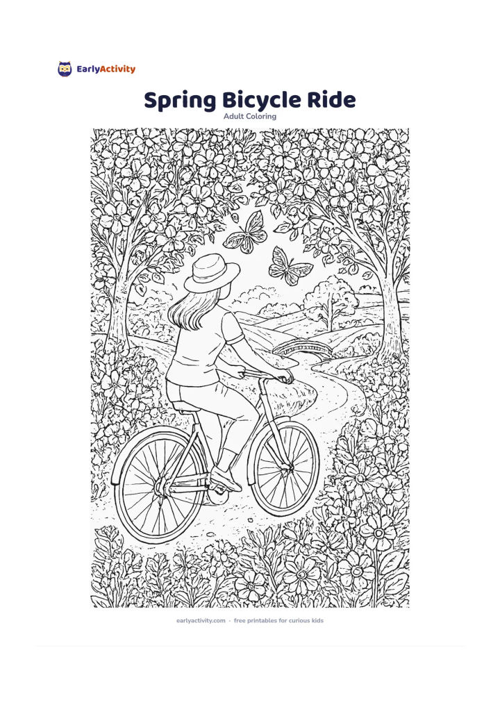 Colouring page: A person rides a bicycle along a flower-lined country path beneath flowering trees, with butterflies, rolling fields and a small footbridge in the distance. Make the bicycle wheels and…