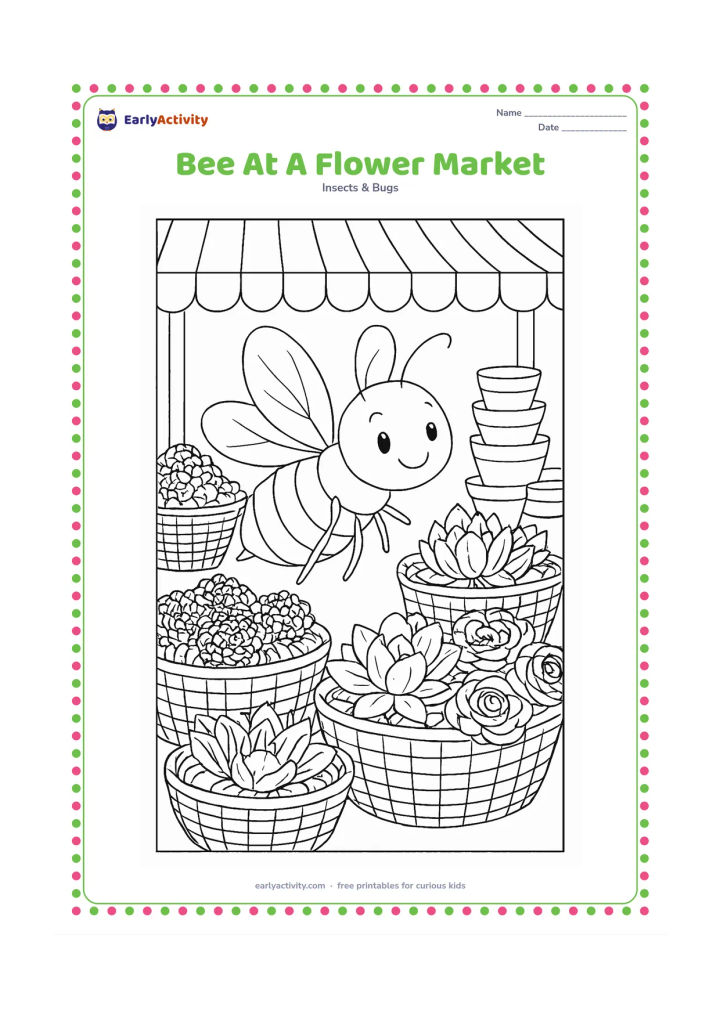 Colouring page: A bee flies through a flower stall filled with baskets of marigolds, lotuses and roses, with an awning and stacked pots behind it. Do not include any signs, labels or writing.