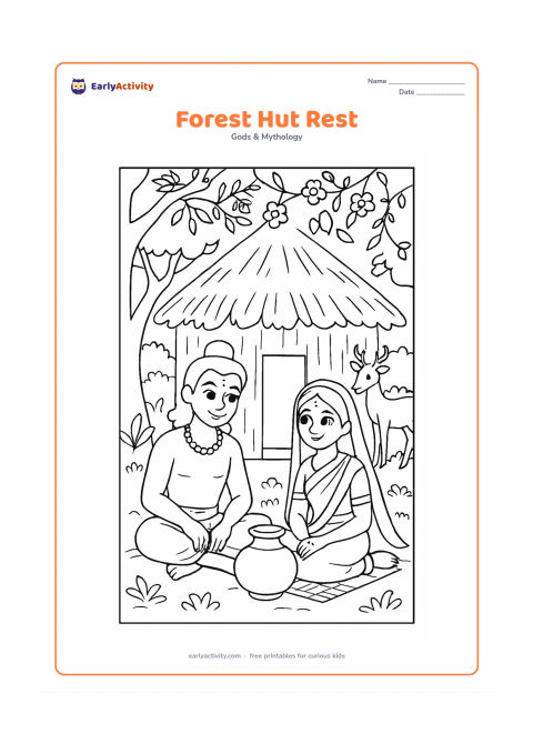 Colouring page: Ram and Sita sit outside a leafy forest hut with a water pot, a small woven mat, flowering vines, and a deer in the background.