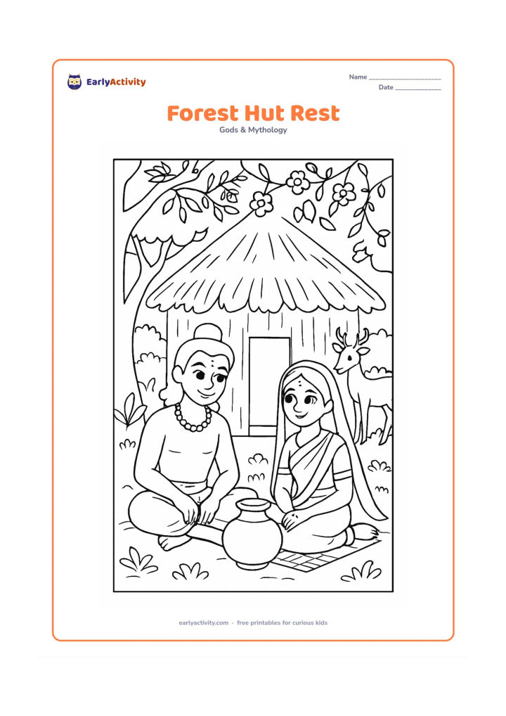 Colouring page: Ram and Sita sit outside a leafy forest hut with a water pot, a small woven mat, flowering vines, and a deer in the background.