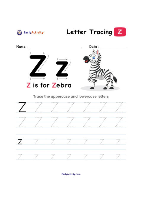 Alphabet tracing worksheet with uppercase and lowercase Z examples, writing lines, and a zebra illustration.