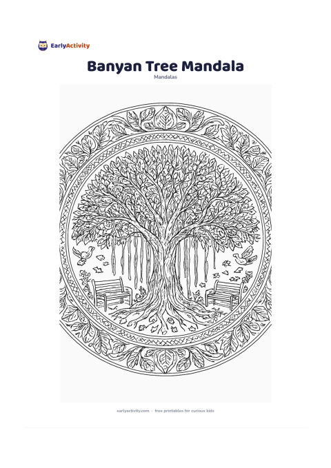 Colouring page: Create a circular mandala with a broad banyan tree and hanging roots at the centre, surrounded by benches, birds, fallen leaves and small garden flowers. Repeat branch curves, root…
