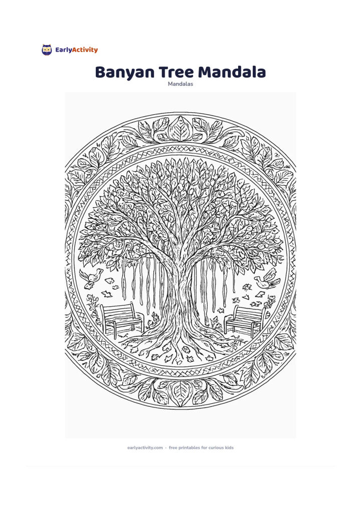 Colouring page: Create a circular mandala with a broad banyan tree and hanging roots at the centre, surrounded by benches, birds, fallen leaves and small garden flowers. Repeat branch curves, root…