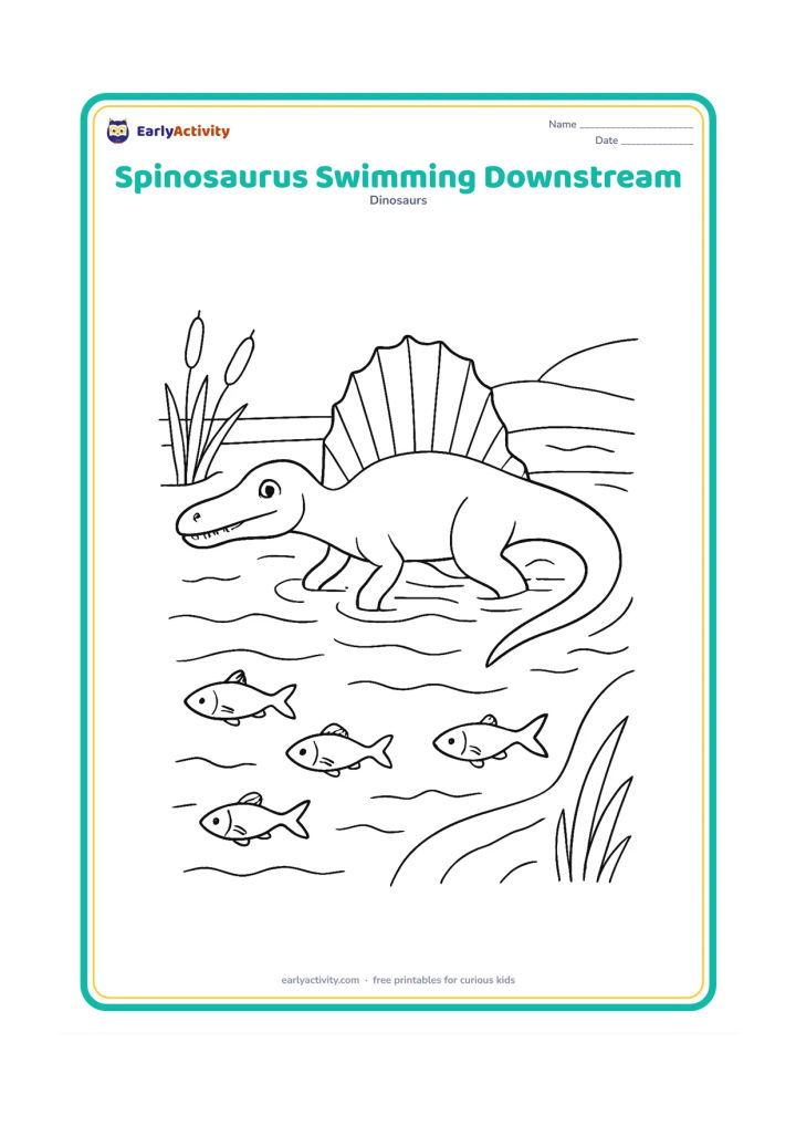 Colouring page: A Spinosaurus swims through a broad river with its head, back sail and upper tail above the water. Show several fish below, water ripples, reeds and a curving bank.