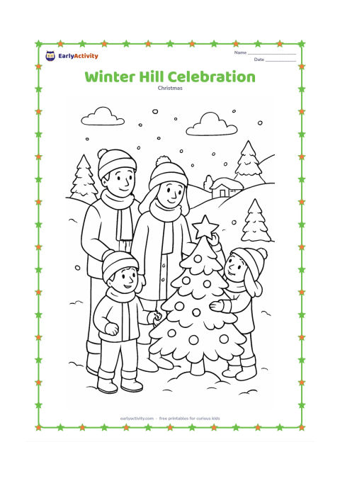 Colouring page: A family in warm clothing gathers around a small outdoor Christmas tree in a snowy hill setting, with one child holding a lantern and another placing a star on the tree. Add pine trees,…