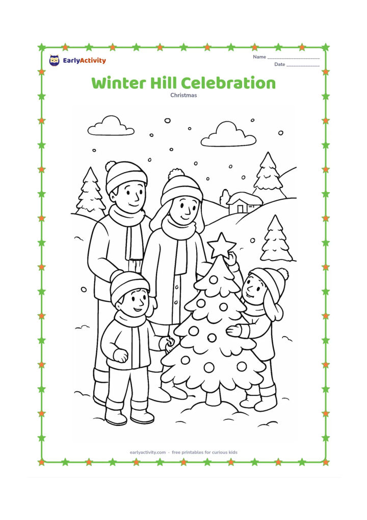 Colouring page: A family in warm clothing gathers around a small outdoor Christmas tree in a snowy hill setting, with one child holding a lantern and another placing a star on the tree. Add pine trees,…