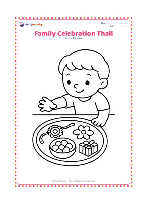 Colouring page: A large festival thali contains a rakhi, flower petals, a small bowl of sweets and a tiny gift. Show one child reaching toward the thali at a low table.