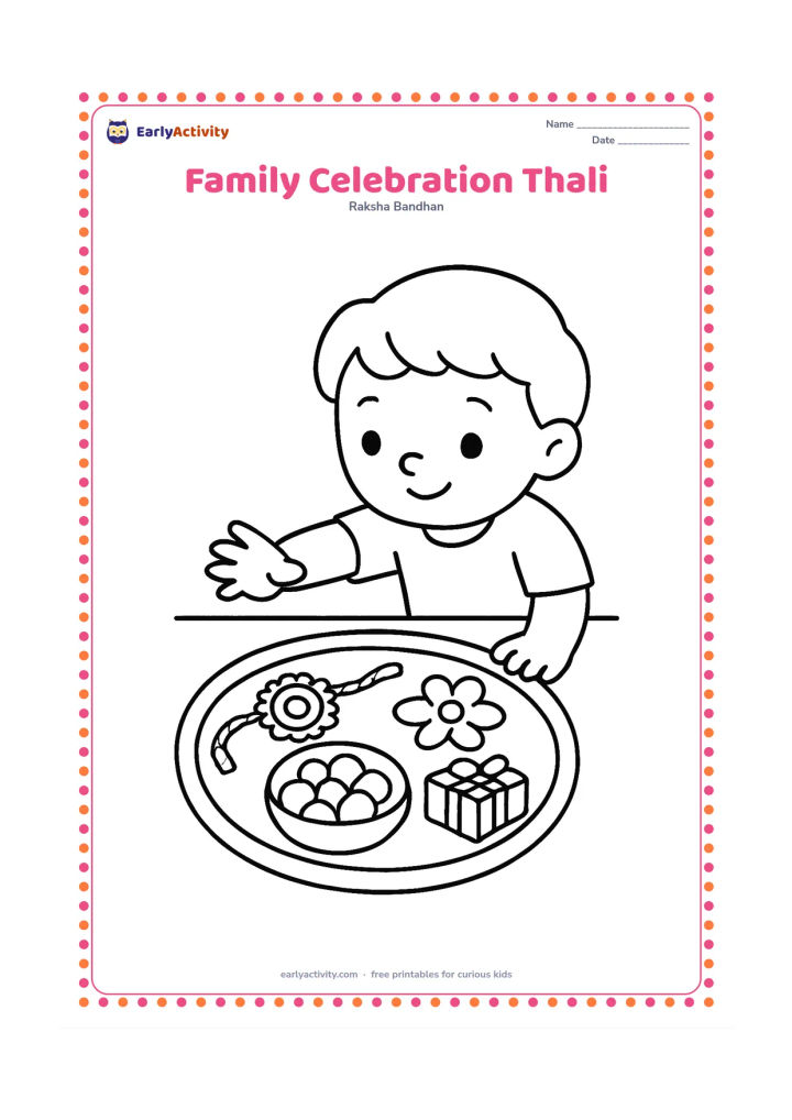 Colouring page: A large festival thali contains a rakhi, flower petals, a small bowl of sweets and a tiny gift. Show one child reaching toward the thali at a low table.