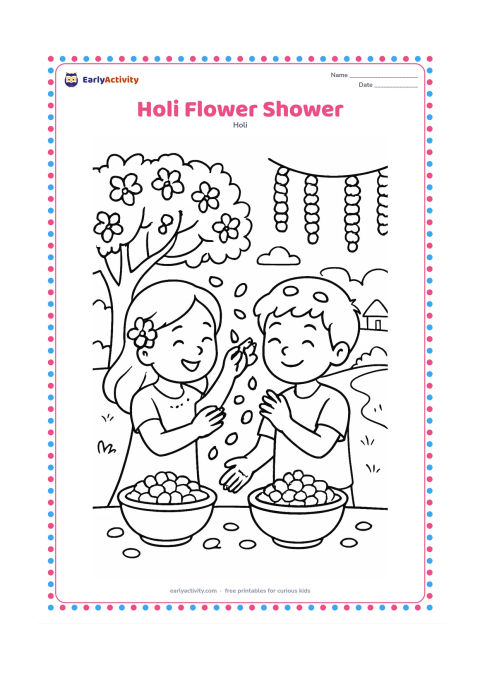 Colouring page: Two friends gently sprinkle flower petals over one another while standing beside bowls of gulal. Show a spring tree, hanging marigold garland, and a village lane in the background.