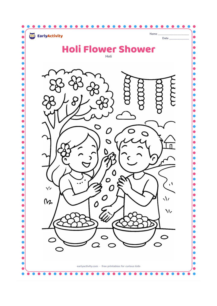 Colouring page: Two friends gently sprinkle flower petals over one another while standing beside bowls of gulal. Show a spring tree, hanging marigold garland, and a village lane in the background.