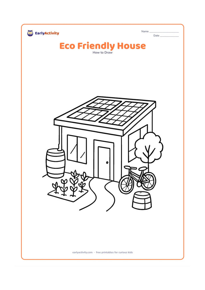 Worksheet: Draw a modern eco-friendly house with a flat roof, solar panels shown as plain rectangles with grid lines, a rain barrel, a vegetable garden, a compost bin and a bicycle. Add large…