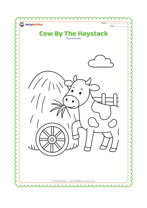 Colouring page: A cow stands beside a large rounded haystack and reaches toward a bundle of grass. Include a wooden cart wheel and a low farm fence behind it.