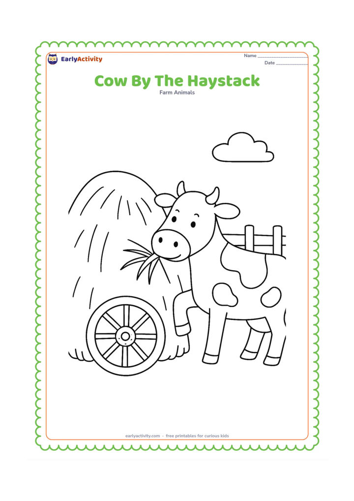 Colouring page: A cow stands beside a large rounded haystack and reaches toward a bundle of grass. Include a wooden cart wheel and a low farm fence behind it.