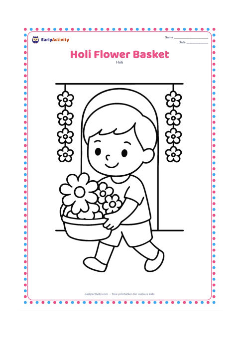 Colouring page: A child carries a basket filled with large marigold and flower shapes for a Holi celebration. Show a simple doorway and two hanging flower garlands behind the child.