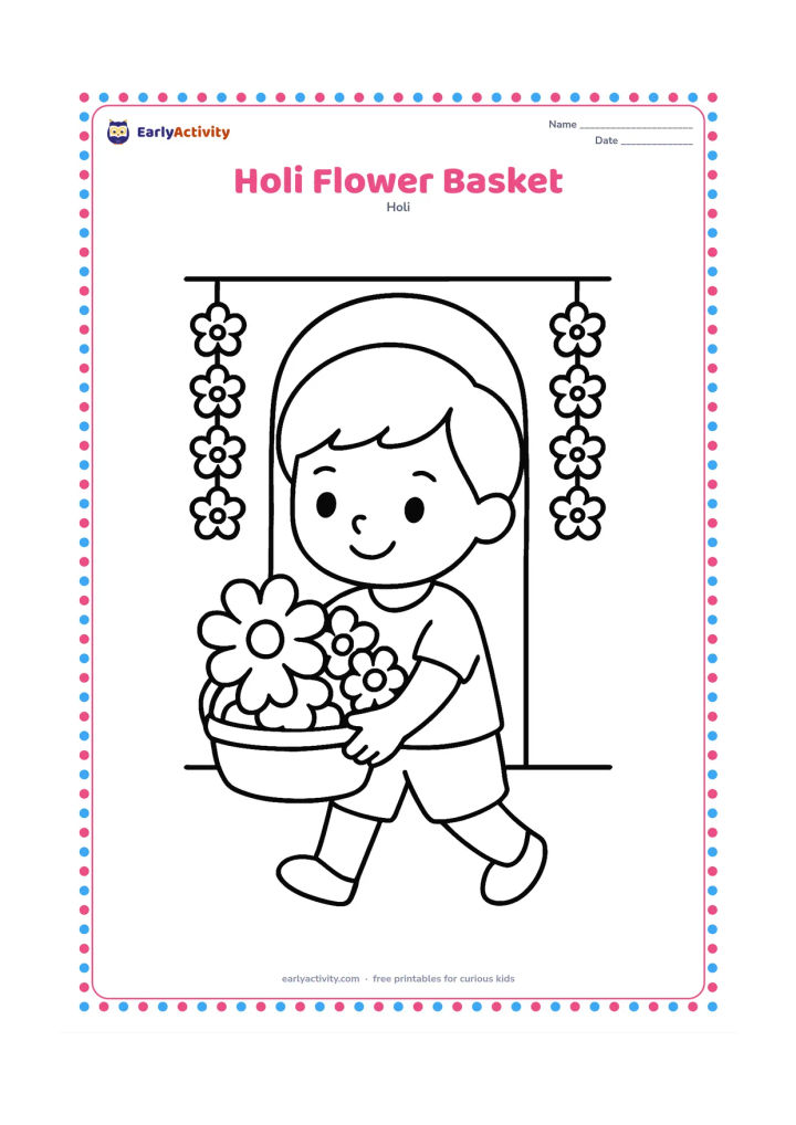 Colouring page: A child carries a basket filled with large marigold and flower shapes for a Holi celebration. Show a simple doorway and two hanging flower garlands behind the child.