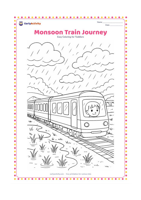 Colouring page: Draw a passenger train moving beside green fields during monsoon weather, with a child looking from a window, puddles, rice plants, a distant bridge and layered clouds.