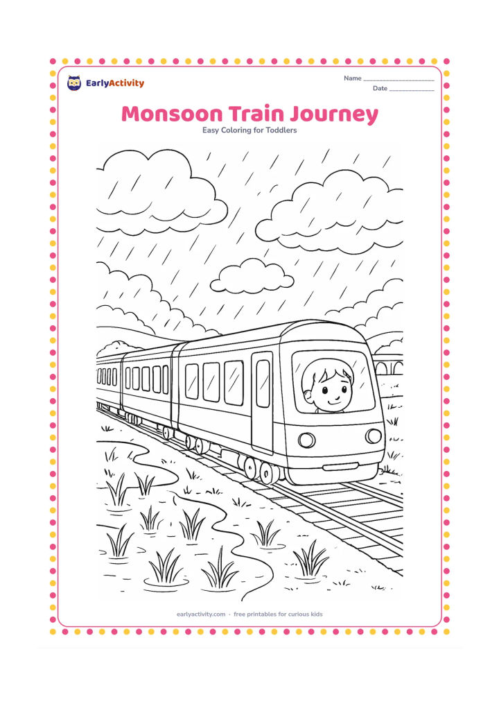 Colouring page: Draw a passenger train moving beside green fields during monsoon weather, with a child looking from a window, puddles, rice plants, a distant bridge and layered clouds.