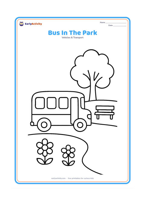 Colouring page: Draw a school bus parked beside a park with one large leafy tree, a curved path, two flowers, and a simple bench. Show the bus in a clear side view.