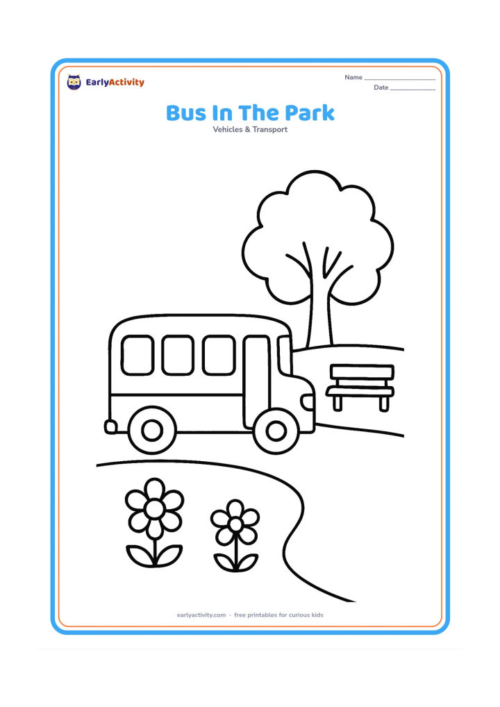 Colouring page: Draw a school bus parked beside a park with one large leafy tree, a curved path, two flowers, and a simple bench. Show the bus in a clear side view.