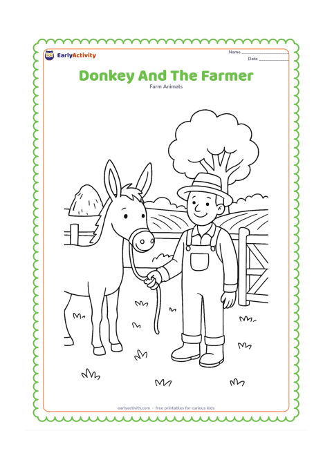 Colouring page: A smiling farmer gently holds a donkey's lead rope beside a field gate, with the donkey standing calmly in profile. Include a haystack, fence posts, crop rows and a large leafy tree.