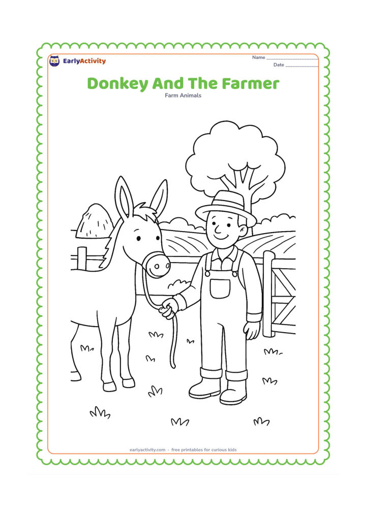 Colouring page: A smiling farmer gently holds a donkey's lead rope beside a field gate, with the donkey standing calmly in profile. Include a haystack, fence posts, crop rows and a large leafy tree.