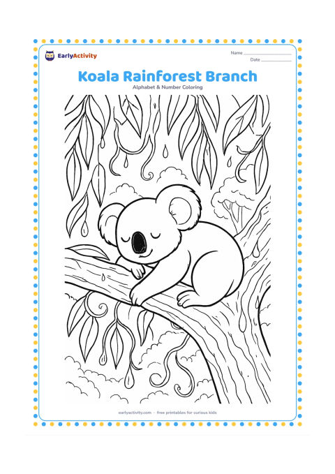 Colouring page: A koala rests on a broad eucalyptus branch after rain, surrounded by hanging leaves, curled vines and water droplets. Show a distant rainforest canopy and a small patch of light through…