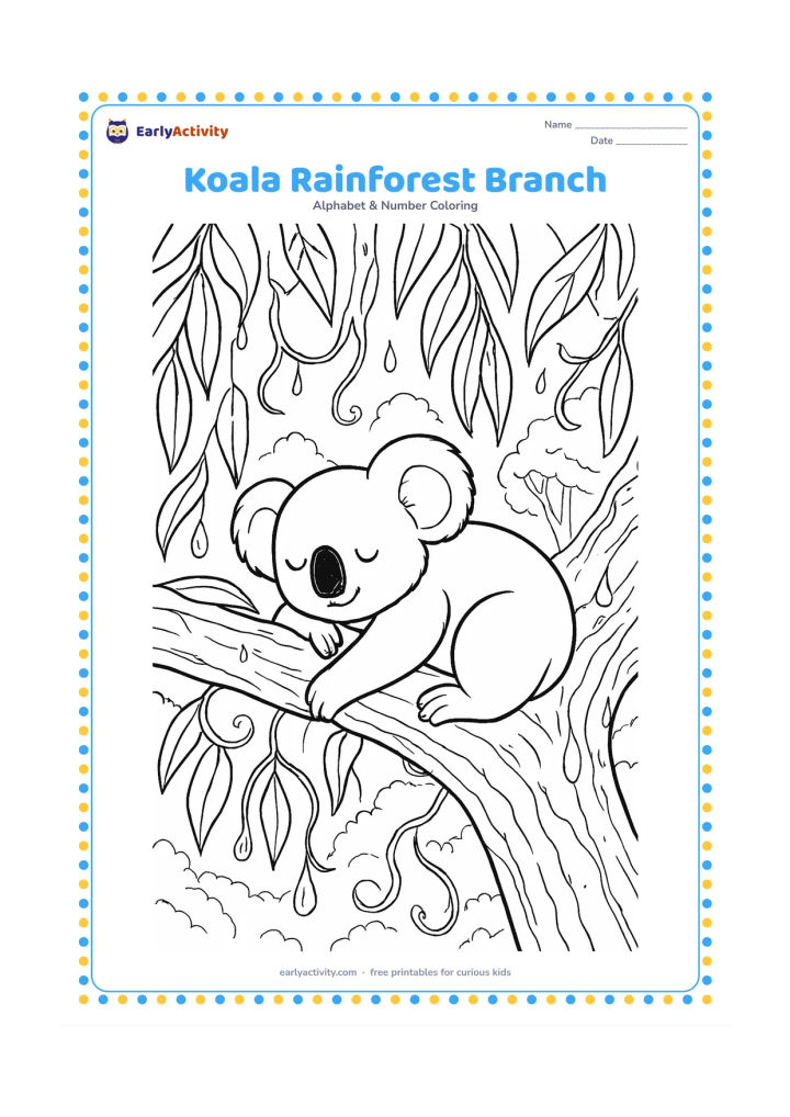Colouring page: A koala rests on a broad eucalyptus branch after rain, surrounded by hanging leaves, curled vines and water droplets. Show a distant rainforest canopy and a small patch of light through…