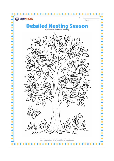 Colouring page: Draw a leafy spring tree filled with several bird nests at different heights, including parent birds carrying twigs and chicks peeking from one nest. Add flowering branches, grass, and a…